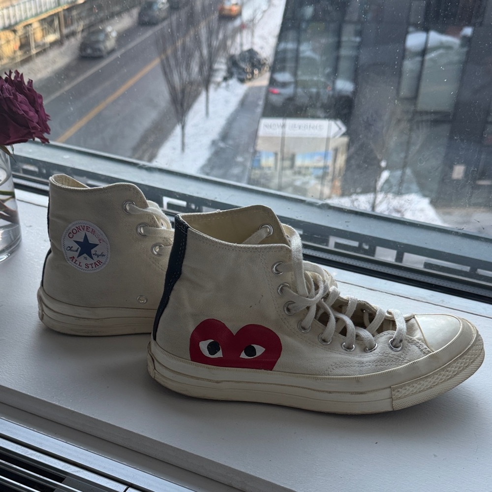 Converse Cream High-Tops with Red Heart- Converse Comme des Garcons PLAY x Chuck
